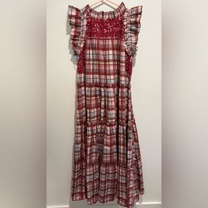 Mi Golondrina gingham plaid ruffle maxi embroidered dress NWT!